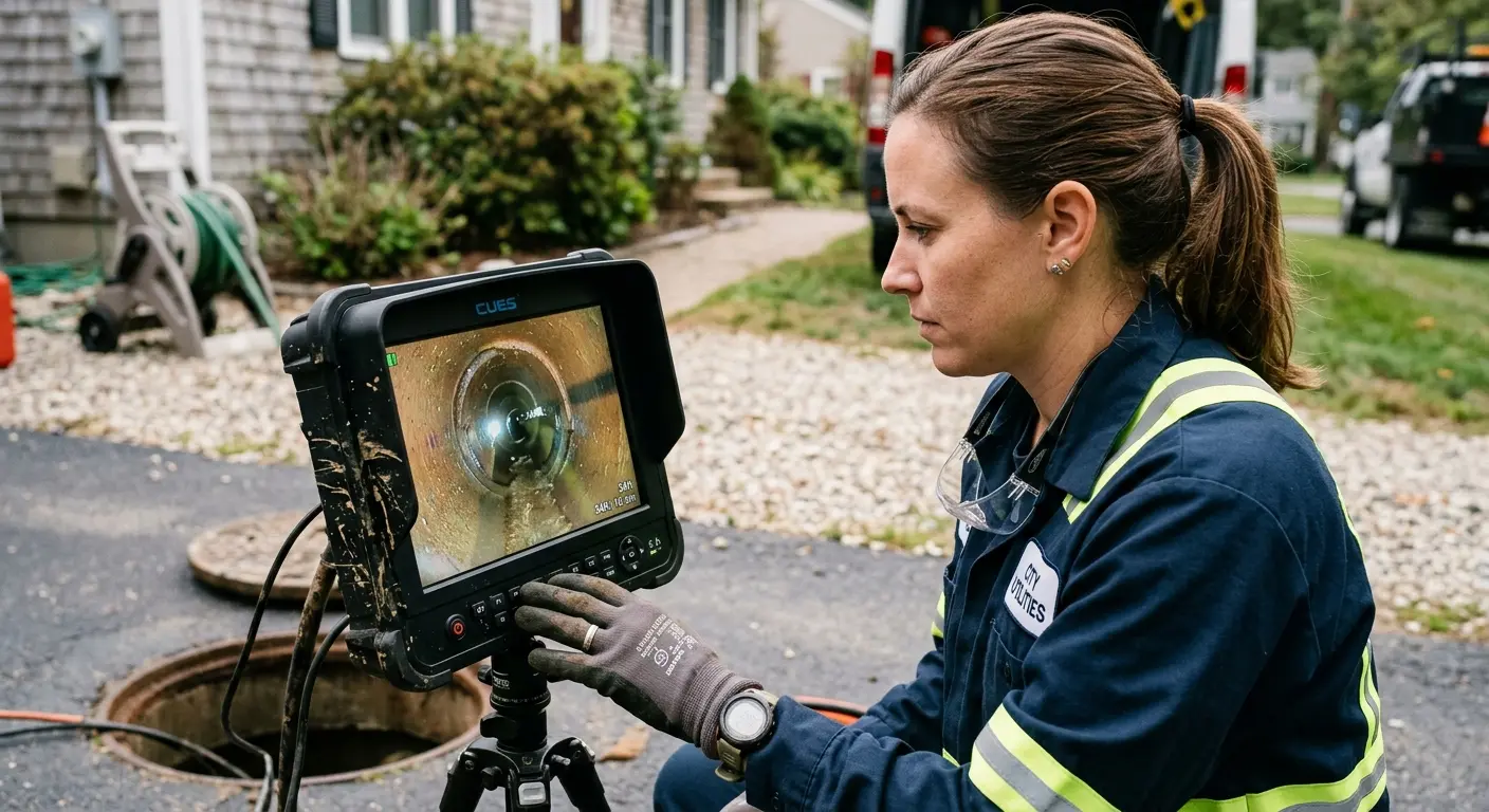 Technician reviewing sewer camera inspection footage in West Dundee