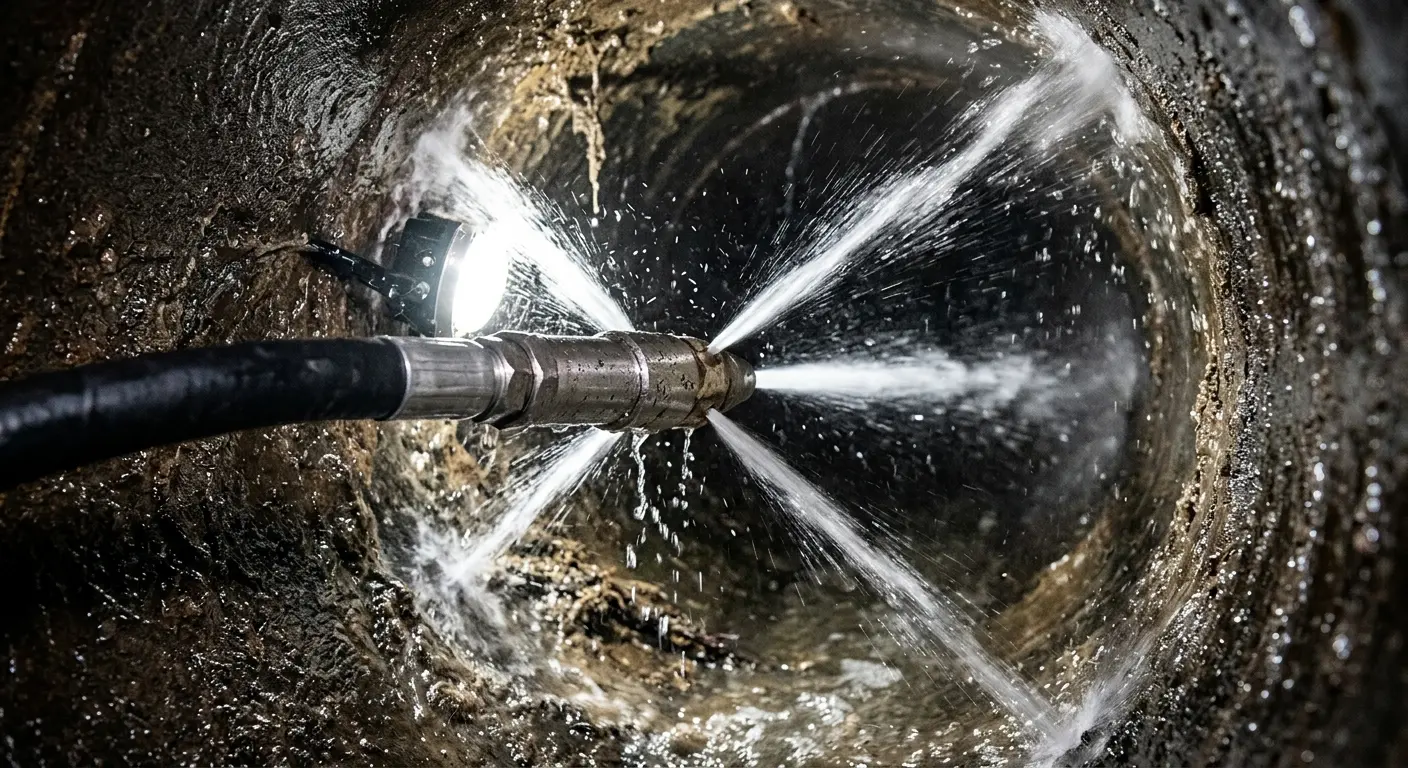 High-pressure hydro jetting nozzle cleaning sewer pipe for Sewer Cleanout in West Dundee