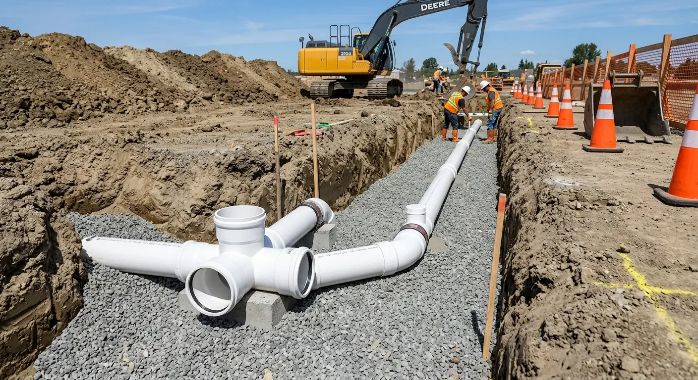 New PVC sewer pipe installation in open trench for Sewer Backup in West Dundee