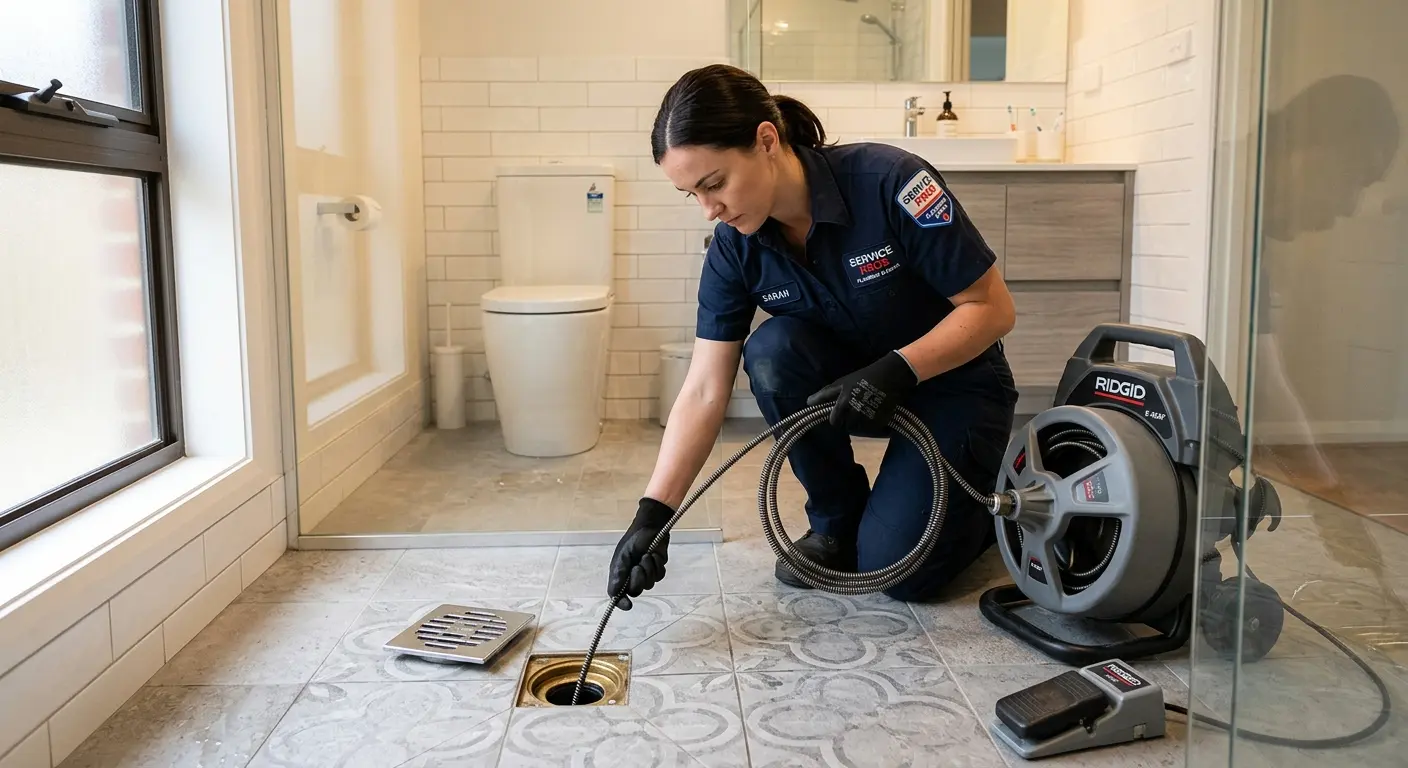 Technician clearing a bathroom floor drain for Drain Cleaning in West Dundee